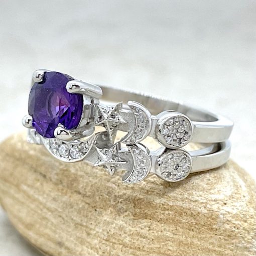 Amethyst Bridal Set with Contoured Moon Band 18k White Gold LS6750
