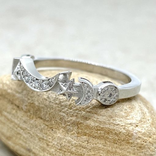 Crescent Shape Moon Ring with Celestial Bodies 18k White Gold LS5896