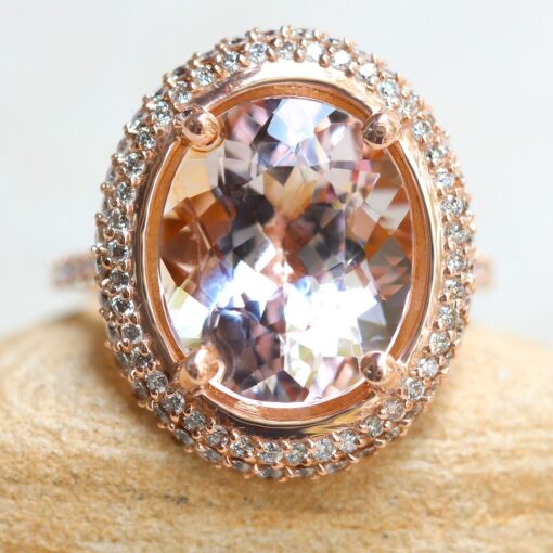 Double Halo Oval Cut Peach Morganite Engagement Ring Rose Gold LS6342