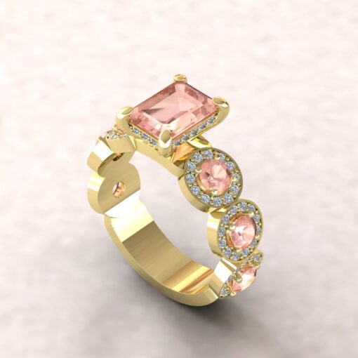Emerald Cut Morganite Engagement Ring Diamond Halos Yellow Gold LS6749