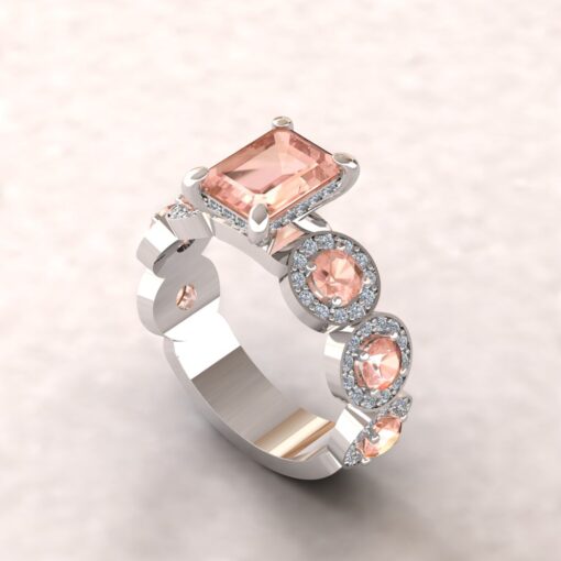 Genuine Peach Morganite Ring Diamond Halos White Gold Platinum LS6749