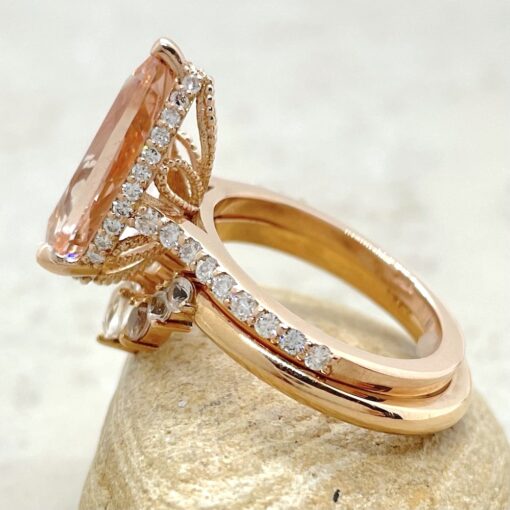 Peachy Pink Pear Cut Morganite Diamond Half Eternity Rose Gold LS6779