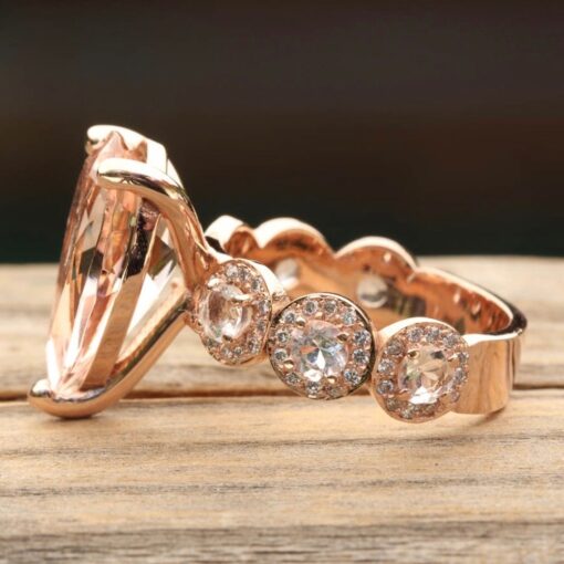 Peachy Pink Pear Morganite Engagement Ring Halo Shank Rose Gold LS6747