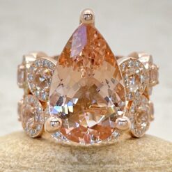 Peachy Pink Pear Morganite Matching Set Diamond Halos Rose Gold LS6748