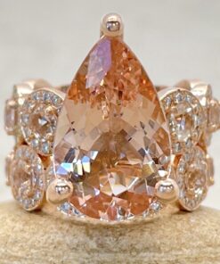 Peachy Pink Pear Morganite Matching Set Diamond Halos Rose Gold LS6748