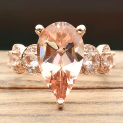 Pear Cut Peach Morganite Engagement Ring Diamond Halo Rose Gold LS6747