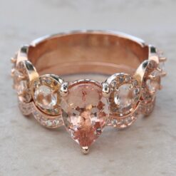 Pear Cut Peach Pink Morganite Halo Diamond Bridal Set Rose Gold LS6746