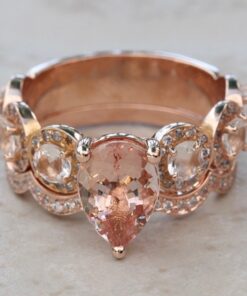Pear Cut Peach Pink Morganite Halo Diamond Bridal Set Rose Gold LS6746