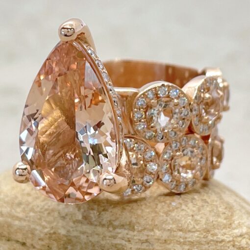 Pear Peachy Pink Morganite Bridal Set Diamond Halos Rose Gold LS6748