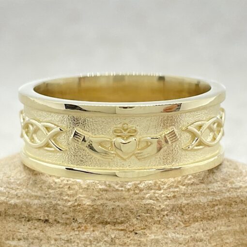 Celtic Mans Wedding Band Irish Claddagh Knot Design Yellow Gold LS4275