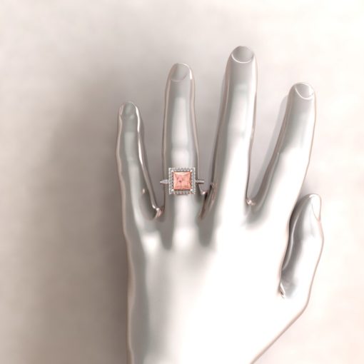 Classic Princess Morganite Ring Hand Shot in 18k Rose Gold LS5885