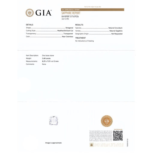 GIA Certified White Sapphire Radiant Cut 2.68 Carats Unheated LSG317