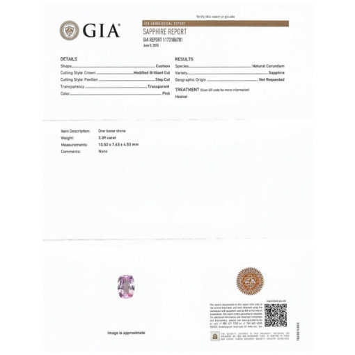 Genuine Loose Pink Sapphire Cushion Cut 3.39 Ct GIA Certificate LSG458