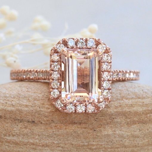 Halo Morganite Engagement Ring Emerald Cut in 14k Rose Gold LS5881