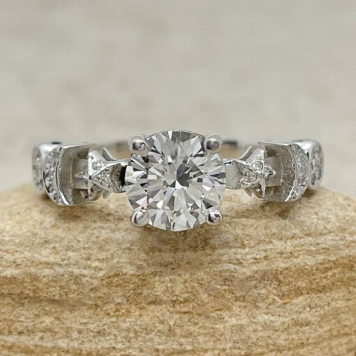 IGI Certified Round Cut Diamond Moon Ring White Gold Platinum LS6754