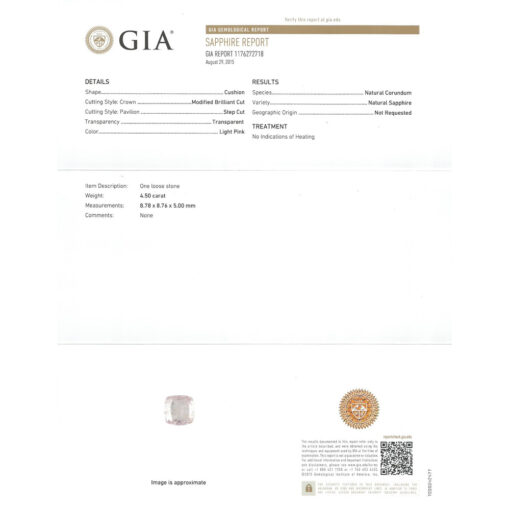 Light Pink Sapphire Square Cushion Cut Genuine GIA Certificate LS6117