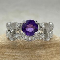 Round Amethyst Gemstone Stacking Ring Set White Gold Platinum LS6750