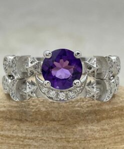 Round Amethyst Gemstone Stacking Ring Set White Gold Platinum LS6750