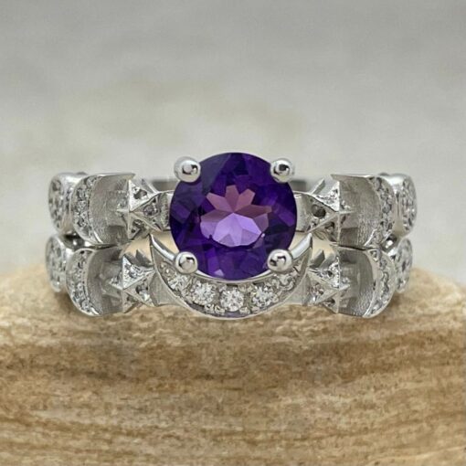 Round Amethyst Gemstone Stacking Ring Set White Gold Platinum LS6750