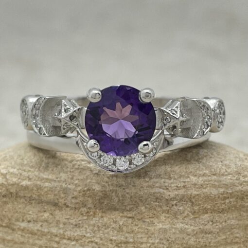 Round Amethyst Gemstone Stacking Ring Set White Gold Platinum LS6751