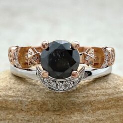Round Cut Black Diamond Space Ring Set Rose Gold White Platinum LS6755