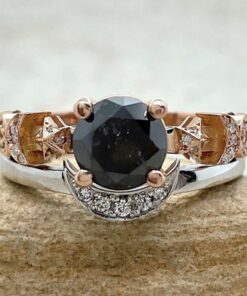 Round Cut Black Diamond Space Ring Set Rose Gold White Platinum LS6755