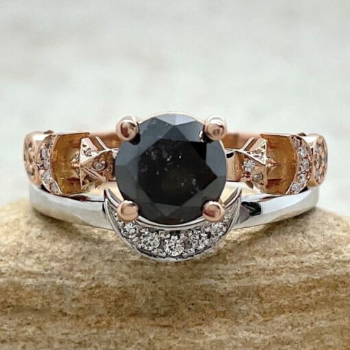 Round Cut Black Diamond Space Ring Set Rose Gold White Platinum LS6755