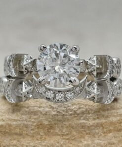 Round Lab Diamond Bridal Set Sun Moon Stars White Gold Platinum LS6752
