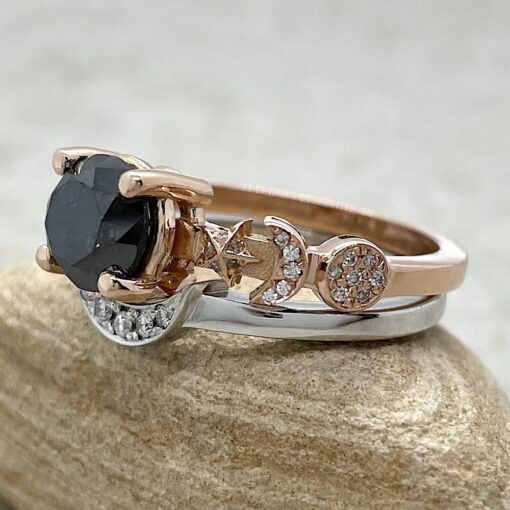 Round Midnight Black Diamond Ring Set Rose White Gold Platinum LS6755