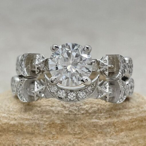 Round Moissanite Bridal Set Sun Moon Stars White Gold Platinum LS6752