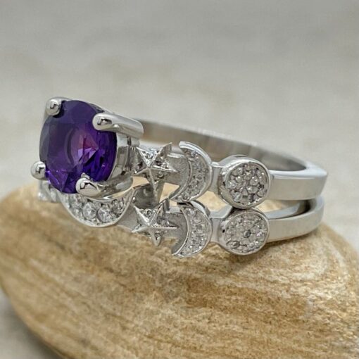 Sun Moon and Stars Amethyst Bridal Ring Set White Gold Platinum LS6750