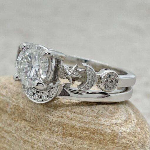 Sun Moon and Stars Bridal Set Crescent Band White Gold Platinum LS6753