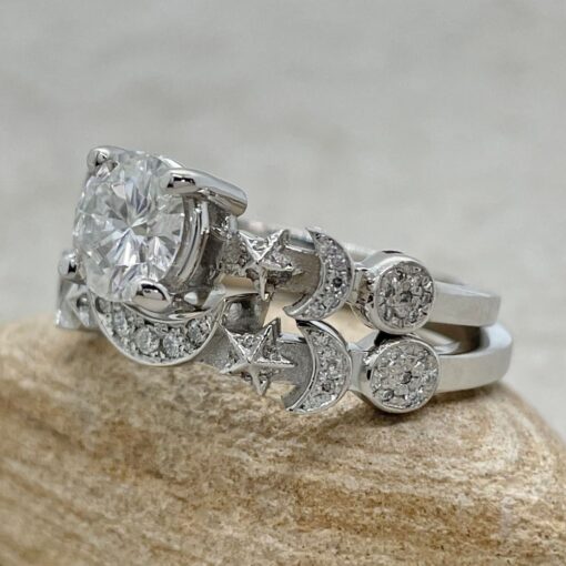 Sun Moon and Stars Bridal Set Matching Band White Gold Platinum LS6752