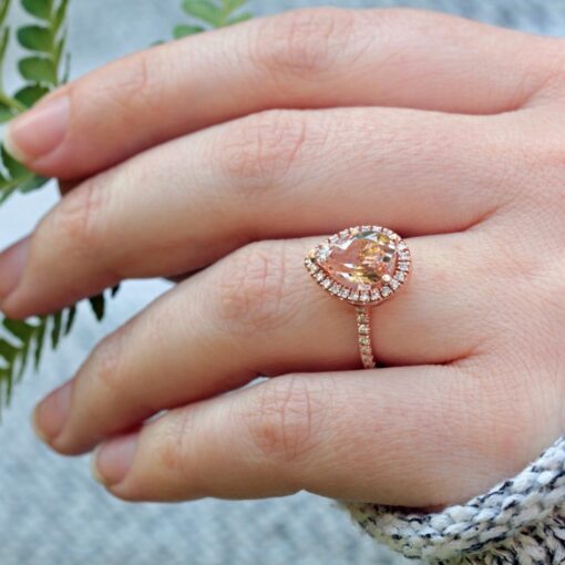 Classic Pear Morganite Diamond Halo Engagement Ring Rose Gold LS4897