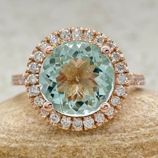 Classic Round Cut Aquamarine Diamond Engagement Ring Rose Gold LS6621