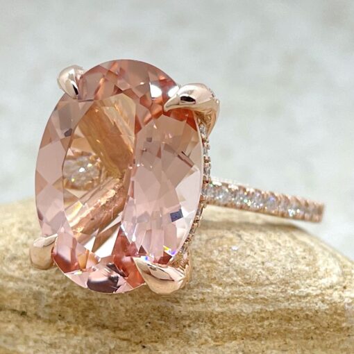 Diamond Prong Morganite Ring Large Oval Cut in 18k Rose Gold LS5116