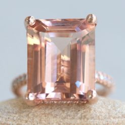 Emerald Cut Morganite Ring with White Diamonds 14k Rose Gold LS6359