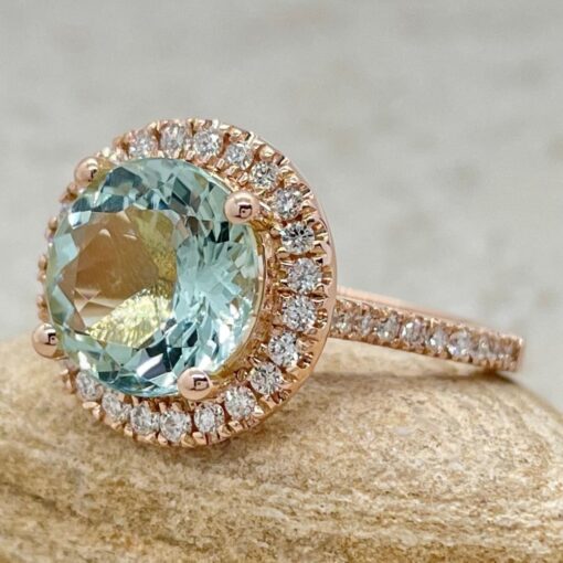 Genuine AAA Aquamarine Diamond Round Engagement Ring Rose Gold LS6621