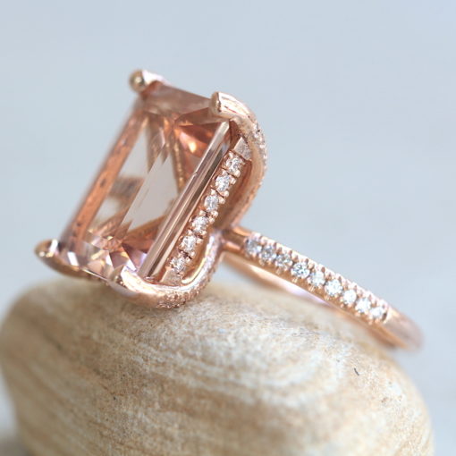 Morganite Ring Emerald Cut with Diamond Shank 14k Rose Gold LS6359