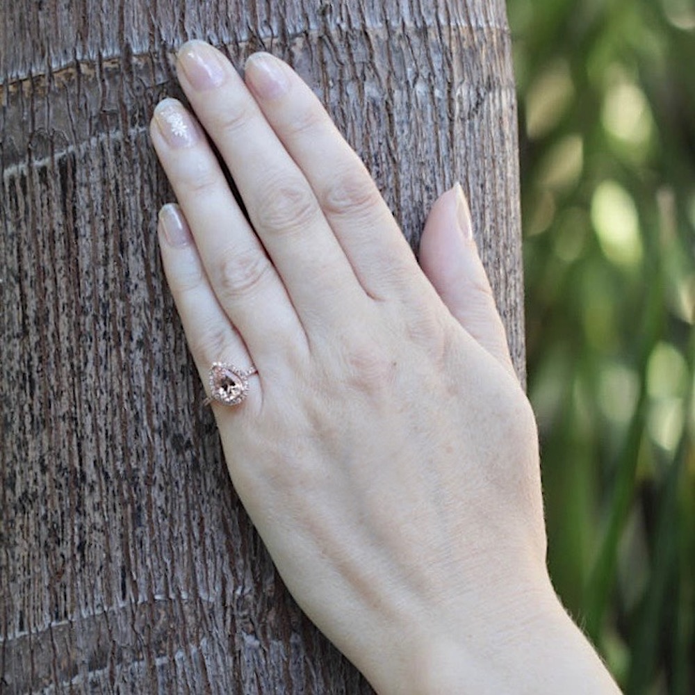 Pear Morganite Ring Halo Lab Diamond Hand 18k Rose Gold LS6140