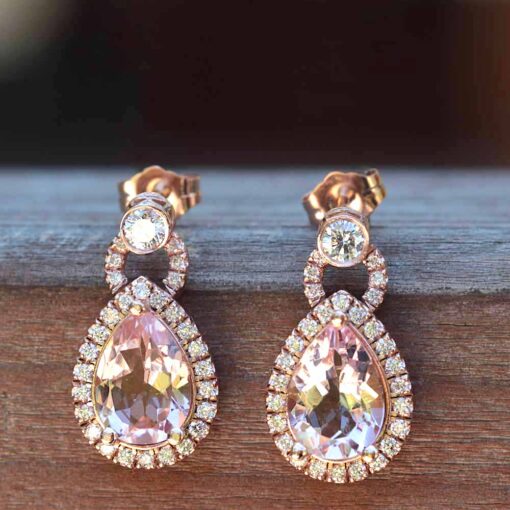 Pear Morganite Drop Earrings Single Halo in 18k Rose Gold LS4335