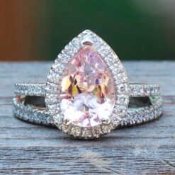 Pink Morganite Bridal Set Pear Cut Single Halo 14k White Gold LS6757