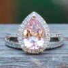 Pink Pear Morganite Diamond Halo Ring Set White Gold Platinum LS6757