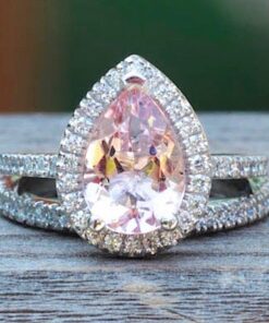 Pink Pear Morganite Diamond Halo Ring Set White Gold Platinum LS6757