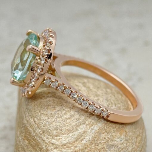 Round Aquamarine Ring Diamond Cathedral Style Shank Rose Gold LS6621