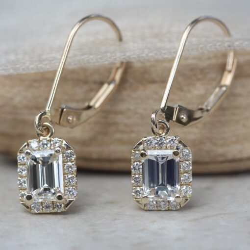 Classic Emerald Cut Lab Diamond Lever Back Earrings Yellow Gold LS6200