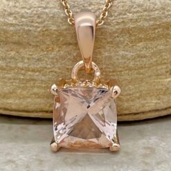 Cushion Cut Peach Morganite Pendant Diamond Side Halo Rose Gold LS5393