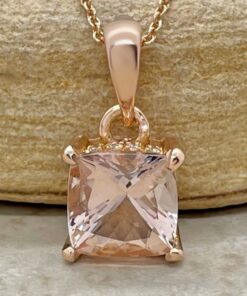 Cushion Cut Peach Morganite Pendant Diamond Side Halo Rose Gold LS5393