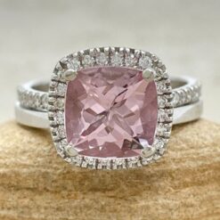Cushion Cut Pink Morganite Diamond Ring Set White Gold Platinum LS6778