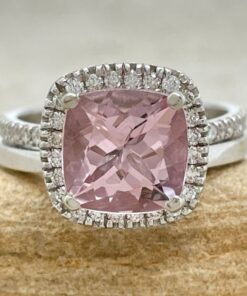 Cushion Cut Pink Morganite Diamond Ring Set White Gold Platinum LS6778